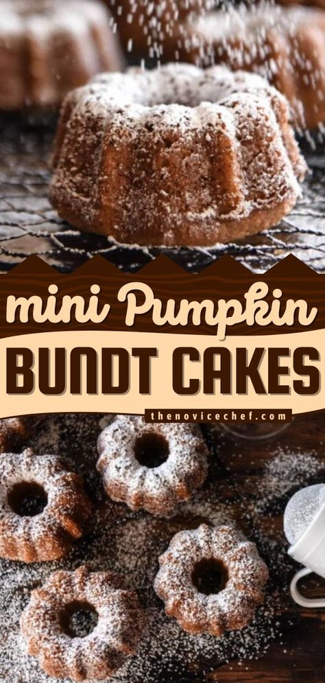 Mini Pumpkin Bundt Cakes, fall baking, pumpkin recipes Pumpkin Mini Bundt Cake Recipes, Recipes For Mini Bundt Cakes, 3 Cup Bundt Cake Recipes, Wine Night Dessert Ideas, Mini Pumpkin Bundt Cake Recipes, Fall Mini Bundt Cake Recipes, Bundt Cake Recipes Fall, Boston Cream Mini Bundt Cakes, Dash Bundt Cake Recipes