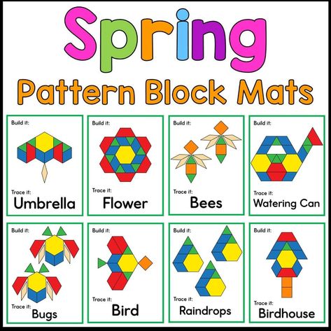 Pattern Theme Preschool, Spring Centers Preschool, Spring Activities For Preschoolers, Preschool Flowers, Preschool Preparation, Kindergarten Fine Motor, Pattern Block Mats, Centers Preschool, Tangram Patterns