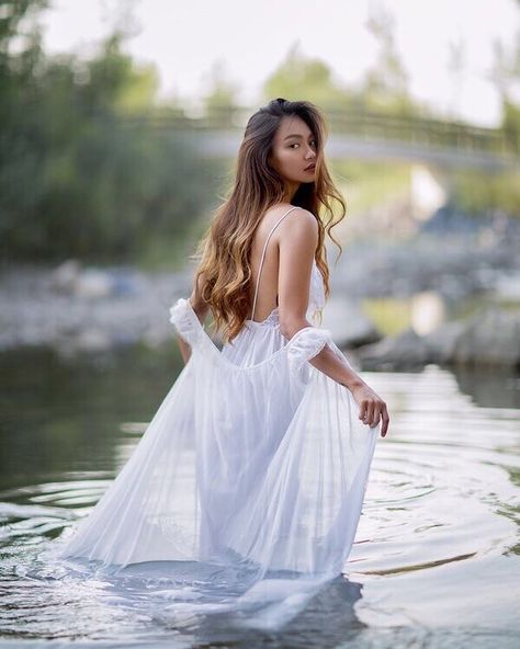 River Photoshoot, Forest Photoshoot, Protect Your Energy, White Gown, Model Poses Photography, Photoshoot Inspo, White Gowns, Instagram Model, Beautiful Long Hair