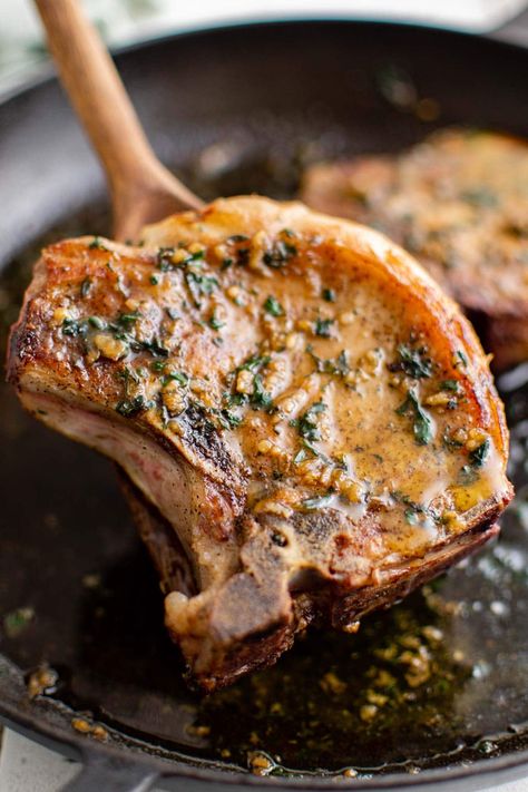 My Pan Seared Pork Chops are tender, juicy and paired with a dreamy butter and herb sauce. Plus they are ready in about 15 minutes! Pork Chop Aesthetic, Frenched Pork Chops, French Pork Chops, Pan Seared Pork Chops, Pork Entrees, Tender Pork Chops, Seared Pork Chops, Juicy Pork Chops, Chop Recipes