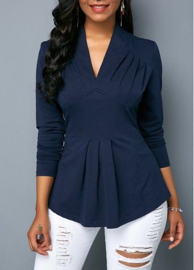 c5cc17e395d3049b03e0f1ccebb02b4ddesc42362905ri Women Work Blouse, Navy Blue Blouse, Trendy Tops For Women, Navy Blouse, Trendy Fashion Tops, Long Neck, Trend Fashion, Solid Clothes, Red Blouses