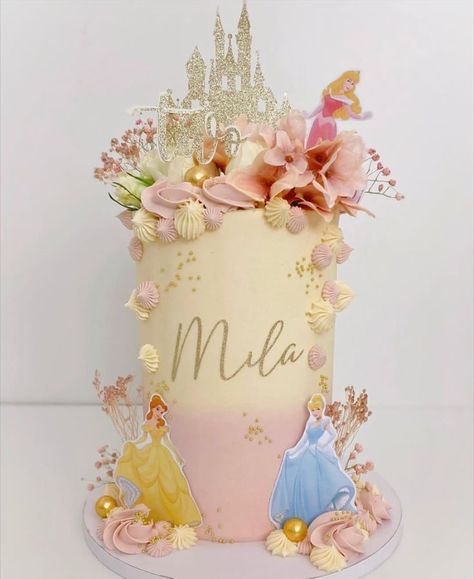 Pastel Princess Cake, Buttercream Princess Cake, Princess Cake Buttercream, Princess Cakes Ideas Girl Birthday, Disney Princess Theme Cake, Simple Princess Cake, Princess Theme Birthday Cake, Birthday Barbie Cake, Disney Princess Cake Ideas