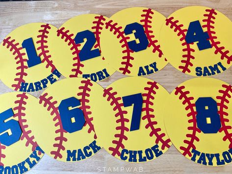 Personalized Softball Cardstock Cut-Outs Set of 12 Add these Cut-Outs to your cheer posters, scrapbook projects, party décor, treat bags, lockers, chair backs, doors ... The possibilities are endless and your team will LOVE them! The back is solid cardstock leaving room for your coach/team mom to write a special message on the back! Each cut-out is handcrafted using high quality cardstock ----------These Cut-Outs are MADE TO ORDER---------- ships within 10 BUSINESS DAYS Need them sooner? Or look Softball Bulletin Boards, Senior Night Decorations Softball, Softball Locker Room Decorations, Softball Locker Decorations, Sports Locker Decorations, Softball Christmas Gifts, Homemade Posters, Locker Room Decorations, Softball Sign