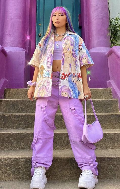 Vaporwave Aesthetic Outfits, Vaporwave Outfit, Girly Streetwear, Vaporwave Fashion, Vaporwave Clothing, Colorful Streetwear, Futuristic Cyberpunk, Purple Streetwear, Cyberpunk Design