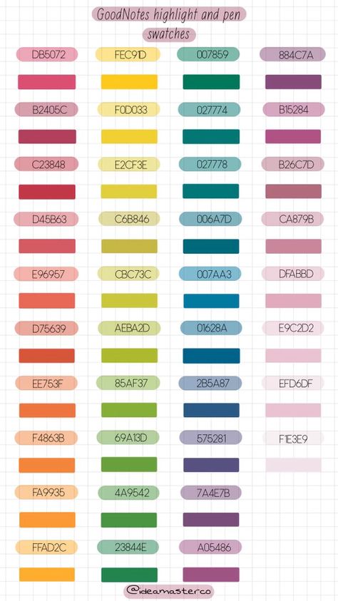 Highlighter Colours Goodnotes, Intp Mbti Color Palette, Google Docs Hex Codes, Hex Color Pallete, Ipad Pen Colors, Good Notes Colors Code, Goodnote Hex Code, Highlight Hex Code, Good Notes Colors Code Pen