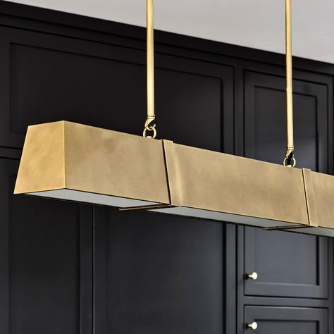 Fillmore Linear Chandelier | Williams Sonoma Chandelier Over Kitchen Island, Linear Chandelier Dining Room, Linear Light Fixture, Lights Over Kitchen Island, Dining Room Light Fixture, Led Panels, Rattan Chandelier, Barn Kitchen, Long Chandelier