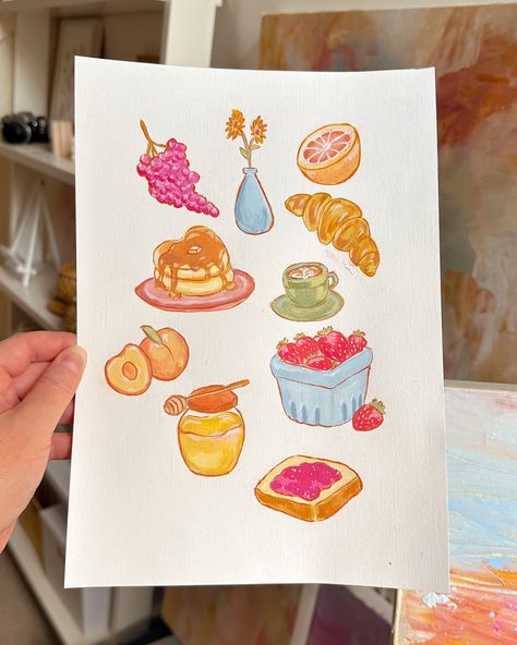 Sweet or savoury breakfast? 🥞🍳☕️🍓✨ Ok I’m really loving this style of painting! I will venture back to florals and sunsets soon but right now I’m having a lot of fun painting things I wouldn’t usually paint! 🥹🥐🎨✨ definitely experienced a few paint smudges along the way but overall it’s CUTE! 💖✨ #foodart #acrylicpainting #cuteart #breakfastfoods Cute Breakfast Drawing, Cute Watercolour Ideas, Brunch Doodle, Sweets Doodles, Watercolor Paintings Aesthetic, Drawing To Paint, Quick Art Projects, Drawing Breakfast, Journal Doodling