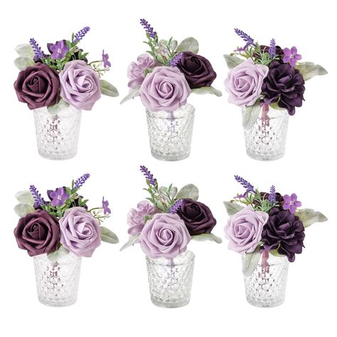 PRICES MAY VARY. Package: Set of 6 pre-made small flower centerpieces. Not included glass bottle. Each floral centerpiece measures 5.9" tall by 5.9" width. Thoughtful Design: The small wedding flowers stem was nicely wrapped with purple satin ribbon. It's about 6" width, and can be mini bridesmaid bouquets or easily fit into any simple centerpieces container like mason jars, bud vases, glass vases, etc. Material: The mini bouquets made of high quality PE foam and silk. PE foam included dark purp Purple Table Decorations Wedding, Lavender And Mauve Wedding, Purple Baby Shower Centerpieces, Purple Bridal Shower Decor, Plum Wedding Centerpieces, Purple Wedding Table Decor, Lilac Flower Bouquet, Small Flower Centerpieces, Purple Table Decorations