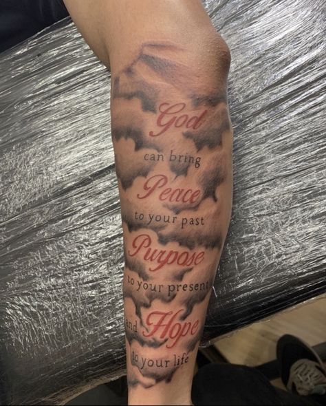 Mens Sleeve Quote Tattoo, Est 2003 Tattoo Ideas, Est 1980 Tattoo Ideas, Tattoos With Clouds For Men, Mens Tattoos Drawings, Forearm Tattoo Men Sleeve Quotes, God Quote Tattoo, Arm Tattoo Men Quotes, God Related Tattoos Men