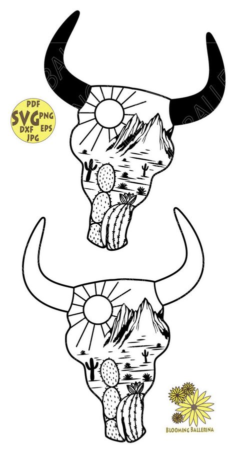 Skull Cactus Drawing, Cow Skull Drawing Simple, Cow Skull Drawing, Cow Skull Tattoo, Cow Skull Svg, Skull Cactus, Desert Scenes, Cactus Svg, Cow Skulls