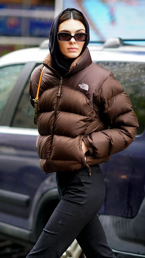 brown north face puffer jacket brown 700 fill vintage retro tnf the north face outfit aesthetic kendall jenner North Face Women Outfit, Brown North Face Puffer Outfit, Kendall Jenner North Face, Brown North Face Puffer Jacket, The North Face Outfit, Brown North Face Puffer, Brown North Face Jacket, Kendall Jenner Dress, The North Face Puffer Jacket