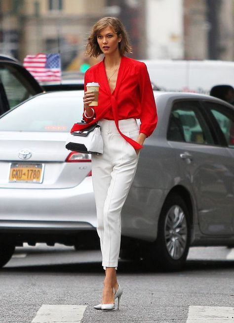 10 Different Ways To Wear Red On Valentines - Blogrope Red Blouse Outfit, Red Shirt Outfits, Karlie Kloss Style, Red Dress Outfit, Wear Red, Red Blouse, Elegante Casual, Karlie Kloss, Stylish Work Outfits