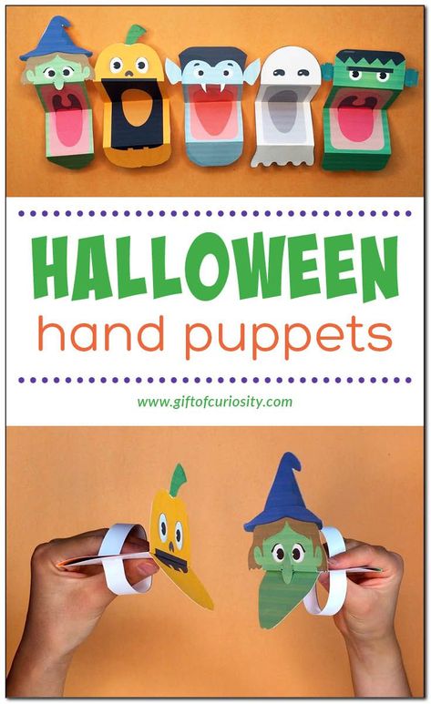 Halloween Hand Puppets: Your children will love creating their own Halloween Hand Puppets! These puppets will provide hours of fun as your children engage in pretend play with these fun Halloween creatures with BIG mouths. || Gift of Curiosity #giftofcuriosity #Halloween #homeschool #preschool #kindergarten Halloween Hand Puppets, Hand Puppets For Kids, Halloween Learning Activities, Halloween Homeschool, Big Mouths, Halloween Resources, Halloween Creatures, Puppet Ideas, Puppets For Kids