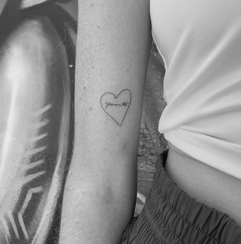 tiny mini dainty tattoo parents heart fine line Tattoo Handwriting Parents, Name In Heart Tattoo, Parents Handwriting Tattoo, Handwriting Tattoo, Handwriting Tattoos, Dainty Tattoo, Parent Tattoos, Heart Outline, Dainty Tattoos