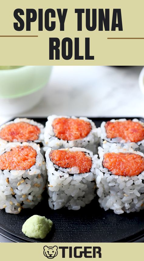 Spicy tuna roll Homemade Spicy Tuna Roll, How To Make Spicy Tuna For Sushi, Spicy Tuna For Sushi, Spicy Tuna Crunch Roll, Spicy Crunchy Tuna Roll, Homemade Tuna Sushi, Spicy Salmon Roll Sushi, Spicy Tuna Recipe Sushi Rolls, Spicy Tuna Hand Roll