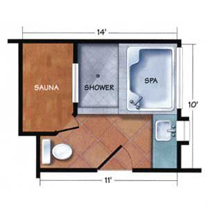 Bathroom With Sauna Layout, Sauna Bathroom Ideas, Corner Jetted Tub, Swinging Shower Door, Sauna Bathroom Design, Sauna Shower, Fixer Upper Bathroom, Home Spa Room, Cabin Renovation