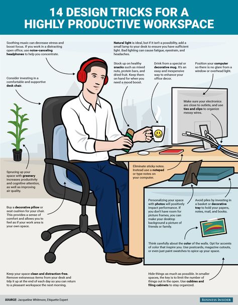 A simple desk makeover to boost productivity - 14 design tricks for a highly productive workspace Workplace Productivity, Work Cubicle, Design Tricks, Office Organization At Work, Office Cubicle, Office Makeover, Office Workspace, Workplace Design, Work Organization