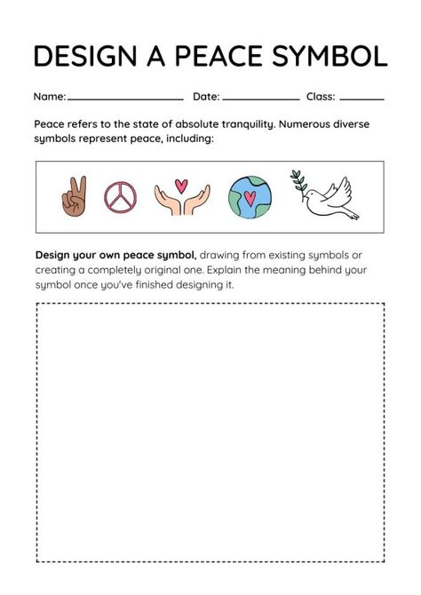 Simple Design your Peace Symbol Worksheet Day Of Peace Activities For Kids, International Day Of Peace Activities, International Peace Day Activities, Peace Crafts For Kids, Peace Day Activities For Kids, Peaceful Arts And Crafts Projects, Peace Worksheet, Peace Activities For Kids, Peace Symbol Art