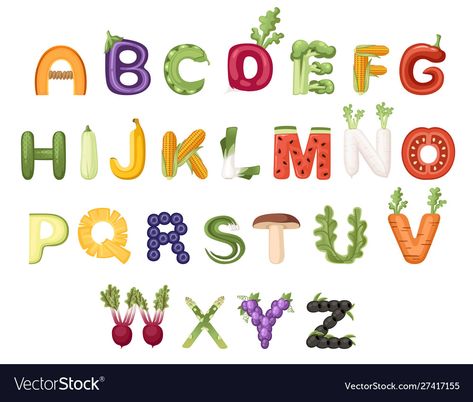 Fruit Lettering, Vegetable Font, Fruit Alphabet, Fruit Letters, Food Alphabet, Food Font, Food Lettering, Vegetable Cartoon, Vegetable Design