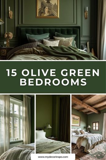 Get inspired by these beautiful olive green bedrooms that combine stylish design and comfort to transform any space into a cozy retreat. Green Bedroom Cozy, Bedroom Overview, Moody Green Bedroom, Hunter Green Bedrooms, Green Bedroom Interior, Forest Green Bedrooms, Green Bedroom Colors, Green Room Ideas Bedroom, Olive Green Bedrooms