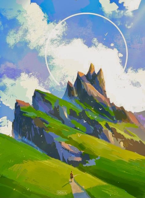 Illustration Art Mountains, Mountain Landscape Digital Art, Stylized Landscape Art, Landscape Art Procreate, Landscape Design Paintings, Procreate Fantasy Art, Procreate Landscape Art, Fantasy Mountain Art, How To Draw A Landscape