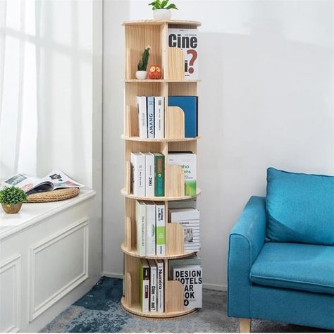 Size: The diameter is larger than other products! The total height of the bookshelf: 62.5 inch (159cm). A total of 5 layers, each layer height: 11.6 inch (29.5cm). Diameter: 17.3 inch (44cm). Material: solid wood (pine)! Spinning Bookshelf, Rotating Bookcase, Round Bookshelf, Rotating Bookshelf, Revolving Bookcase, Corner Bookshelf, Kids Bookshelf, Stackable Shelves, Bookcase Wood