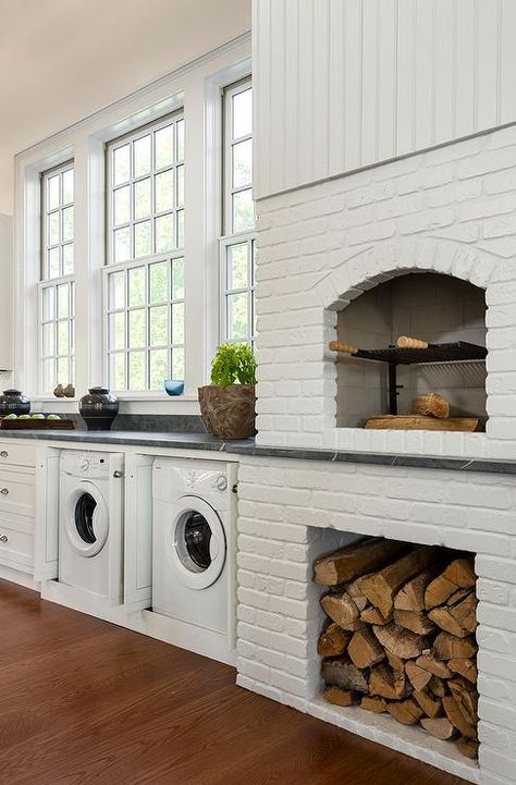 9 Inspiring Modern Rustic Laundry Rooms Indoor Pizza Oven, Rustic Laundry Rooms, Brick Pizza Oven, Brick Kitchen, Modern Laundry Rooms, Brick Oven, Farm Kitchen, Kitchen Fireplace, Minimalist Furniture