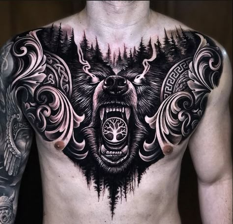 Chest Tattoo Bear, Thigh Tattoo Women, Best Friends Tattoo, Viking Tattoos For Men, Chest Tattoo Drawings, Full Neck Tattoos, Full Chest Tattoos, Tattoo Leggings, Friends Tattoo