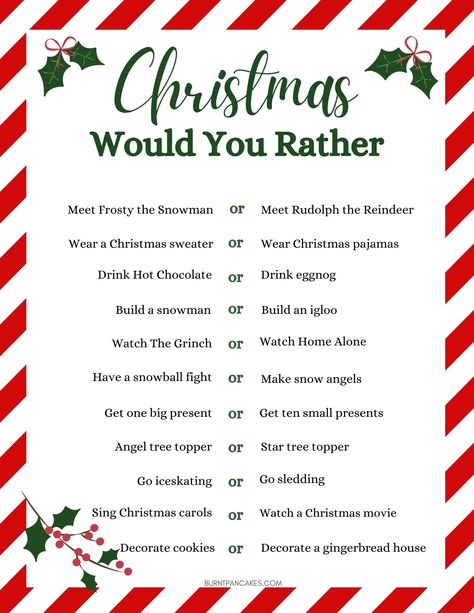 Try these fun Christmas Would You Rather Questions with your kids December Printable, Would You Rather Game, Rather Questions, Fun Christmas Party Games, Fun Christmas Games, Would You Rather Questions, Christmas Trivia, Car Drive, Holiday Games