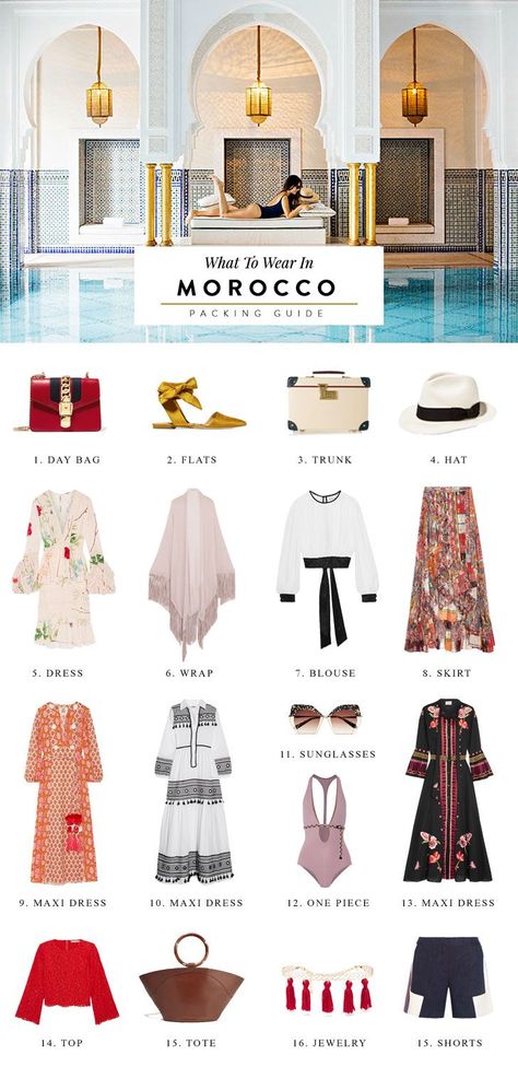 A Morocco packing guide for what to wear in Marrakech  morocco travel guide, morocco packing list, morocco fashion, morocco design: Morocco Packing List, Morocco Packing, Morocco Fashion, Morocco Design, Outfit Essentials, Packing Guide, Quoi Porter, Morocco Travel, Marrakech Morocco