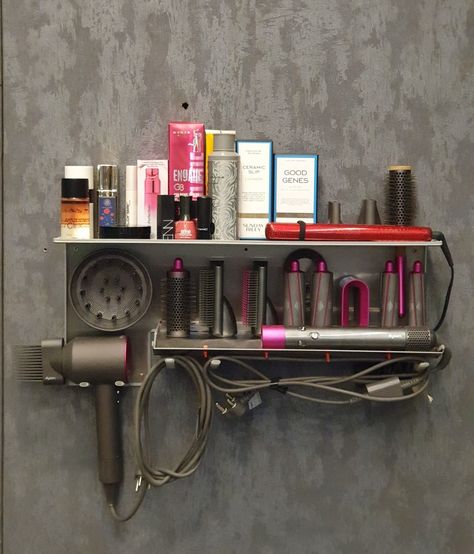 DYSON Airwrap Hair Styler, Supersonic Hair Dryer, Corrale Hair Iron with Wide Storage Platform for Storing Nick Neck Skin Care Products All 3 in 1 wall mounted Stand. Dyson Air Wrap Organization, Dyson Airwrap Storage, Airwrap Storage, Dyson Hair Dryer Storage, Neck Skin Care, Smoothing Brush, Dyson Corrale, Hair Stations, Supersonic Hair Dryer