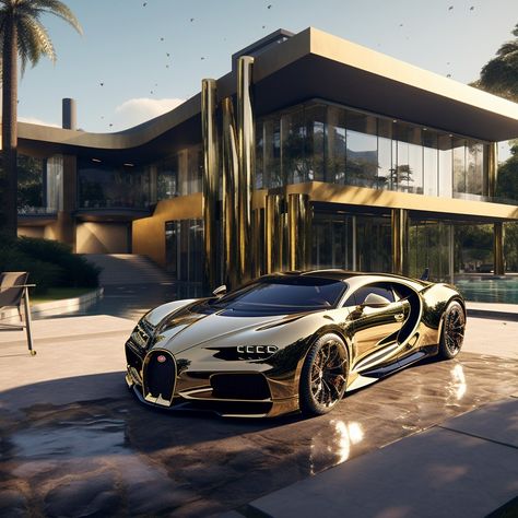 "Luxury Oasis: Gold Mansion, Bugatti Chiron, and Pool" Bugatti Gold, Buggati Veyron, Grand Theft Auto Artwork, Cool Car Pictures, Exotic Sports Cars, Bugatti Chiron, Super Car, Bugatti, Sports Cars