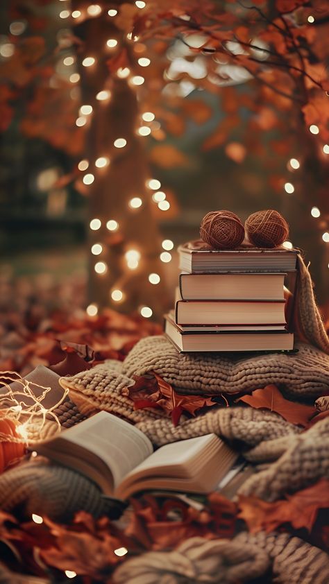 Autumn Book Aesthetic Wallpaper, Cute Aesthetic Autumn Wallpaper, Fall Lights Aesthetic, Autumnal Wallpaper Iphone, Cozy Fall Backgrounds, Cozy Fall Wallpaper Iphone, Calming Phone Wallpaper, Cozy Fall Aesthetic Wallpaper Iphone, Autumn Background Aesthetic