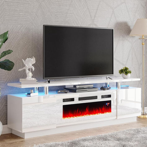 Modern High Gloss Entertainment Center LED Lights, 2 Tier TV Console Cabinet for TVs Up to 80", Ivory White. Fireplace Dimensions, Modern Electric Fireplace, Tv Console Cabinet, Fireplace Entertainment Center, Fireplace Entertainment, Electric Fireplace Tv Stand, Console Tv, White Fireplace, Cabinet Dimensions