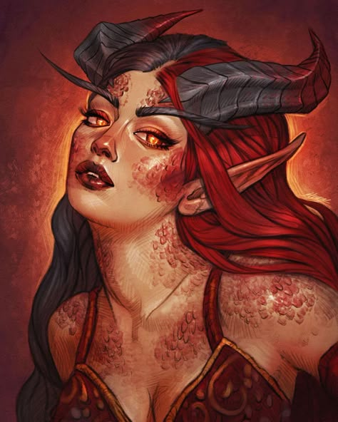 1,719 curtidas, 9 comentários - Stephen Sitton (@stumpyfongo) no Instagram: “Colored sketch for one of my Tier 5 patrons of her Red Dragon OC. I really enjoy doing these…” Red Haired Tiefling Female, Red Dragon Human Form, Dragon Person Hybrid, Red Tiefling Woman, Female Red Dragon, Dragon Woman Art, Half Dragon Character Design, Red Tiefling Female, Female Dragon Art