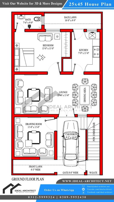 25x45 House Plan 1 Minimalist Bungalow House Design, 3 Marla House Design, 5 Marla House Design, 5 Marla House Plan, 10 Marla House Plan, A House Plan, 20x40 House Plans, Ventilation Design, Maids Room