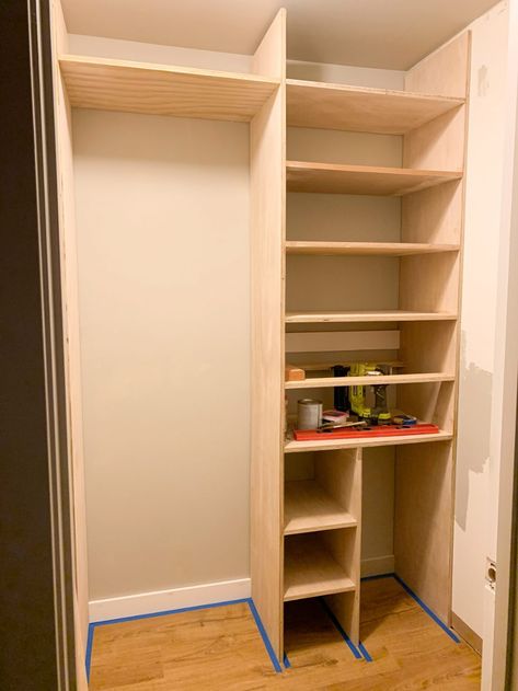 One Room Challenge Week Four - Adding DIY Custom Shelving - Hilltown House Diy Plywood Closet Organizer, Diy Wardrobe Shelves, Closet Diy Shelving, Plywood Closet Shelves, Build A Closet Wall, Easy Closet Built Ins, Diy Closet Small Spaces, Home Office In Closet Ideas, Toy Closet Shelving Ideas