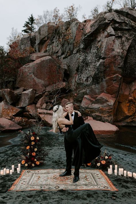 moody elopement \\ moody wedding \\ spooky wedding \\ tim burton wedding vibes \\ black beach elopement Moody Wedding Pictures, Halloween Elopement, Burgundy And Grey Wedding, Moody Elopement, Beach Wedding Black, Gothic Wedding Theme, Campground Wedding, Dark Wedding Theme, Backyard Celebration