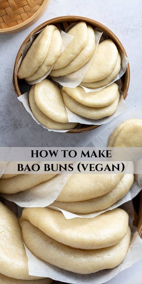 These steamed lotus leaf bao buns are super soft and fluffy and they are easier to make than you might think! They are vegan friendly and can be stuffed with your choice of fillings for a delicious meal. Savory Vegan Baked Goods, Hearty Vegan Recipes, Bao Bun Dough Recipe, Vegetarian Food Ideas Easy, Bao Buns Recipe Vegan, Pan Fried Bao Buns, Fresh Vegan Meals, Healthy Recipes Vegetables, Japan Vegan Food