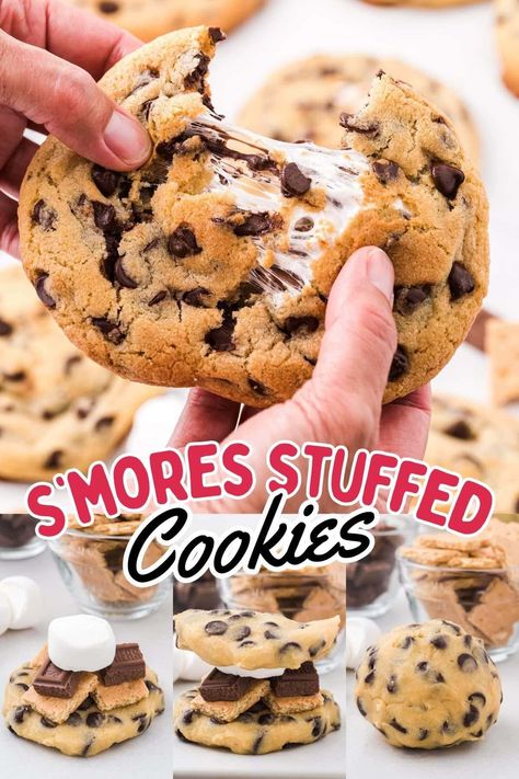 S’mores cookies are an insane dessert that combines two of everyone’s favorite treats, the classic campfire s’more, and a traditional homemade chocolate chip cookie. Graham crackers, chocolate, and marshmallow stuffed into a soft and chewy cookie...Could it possibly get any better than a s'mores stuffed cookie? Dessert Graham, Stuffed Cookies, Pinky Girl, Homemade Chocolate Chip Cookies, Smores Cookies, Chocolate Marshmallow, Sugar Free Cookies, Gourmet Cookies, Chewy Chocolate Chip