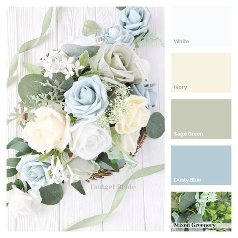 Bloom Color Palette - $300 Package Dusty Blue Sage Green And Ivory Wedding, Pale Blue Wedding Decor, Dusty Blue And Sage Green Wedding Theme, Sage Green And Dusty Blue Wedding, Dusty Blue And Sage Green Wedding, Bloom Color Palette, 2 Bridesmaids, Powder Blue Wedding, Groomsmen Buttonholes