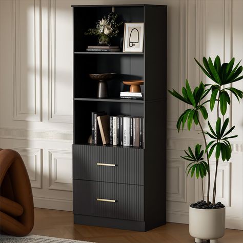 PRICES MAY VARY. 【Ample Storage Space & Adjustable Shelf】- This black bookshelf features 3 open shelves perfect for displaying artwork, awards, books, pictures, and other items, meeting all your storage needs. The bottom 2 drawers provide hidden space for your personal belongings. The adjustable shelf allows you to customize the storage space according to your needs. Bookcase Dimensions: 23.6" W x 13.8" D x 63" H. 【Casual Luxury with Arc Wave Design】- The panels of this modern white bookcase boa Masculine Home Office Ideas Small Space, Goth Bookcase, Bookshelf With Drawer, Modern Office Built Ins, Apartment Bookshelf Ideas, Bedroom Bookcase Ideas, Book Case Ideas, Bookshelf Bedroom Ideas, Black Bookshelf Decor