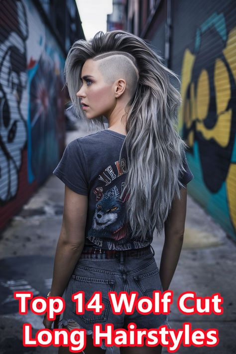 Take your wolf cut to the next level with an undercut. This bold, shaved section adds an edgy touch to the classic style, creating a look that's sure to turn heads. #wolfcutlonghair #undercuthair How To Grow Out Undercut For Women, Wolf Undercut, Wolf Cut With Undercut, Long Hair Edgy, Long Hair Mohawk, Half Shaved Head Hairstyle, Long Hair Shaved Sides, Long Trim, Long Mohawk