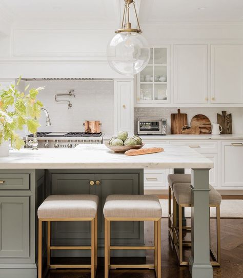 Erin Gates Design, Cream Kitchen Cabinets, Green Kitchen Island, Patrick Ahearn, Two Tone Kitchen Cabinets, Two Tone Cabinets, Modern Colonial, Addition Ideas, Two Tone Kitchen