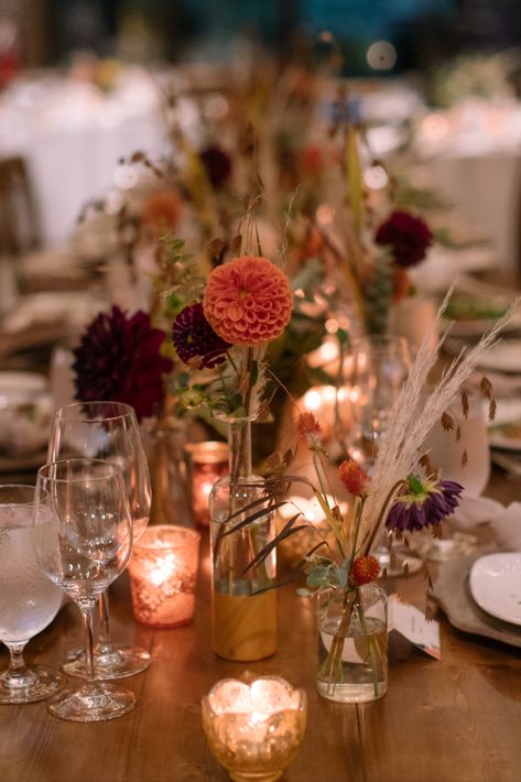 Fall Farm Table Wedding, Wildflower Wedding Vases, Bud Vases With Pampas, Pampas Grass Bud Vase Centerpiece, One Flower Vase Wedding, Amber Bottle Centerpiece, Dried Flowers Wedding Centerpieces Fall Arrangements, Autumn Wedding Bud Vases, Fall Wedding Farm Table Decor