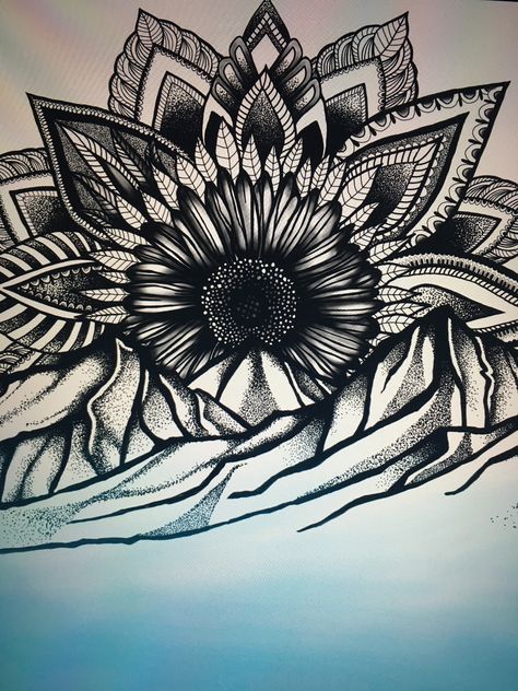 Sun And Moon Tattoo Half Sleeve, Mandala Sunrise Tattoo, Mountain Sunflower Tattoo, Sunshine Mandala Tattoo, Sunflower And Pansy Tattoo, Elbow Cap Tattoo, Sunflower And Mountain Tattoo, Mandala Mountain Tattoo, Mountain Mandala Tattoo