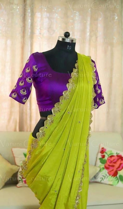 Unique Color Combinations For Dress, Green With Purple Outfit, Parrot Green Contrast Colour, Parrot Green Color Combination, Latest Saree Colour Combination, Saree Blouse Contrast Combination, Saree Blouse Colour Combination, Plain Saree Color Combinations, Purple Dress Combination