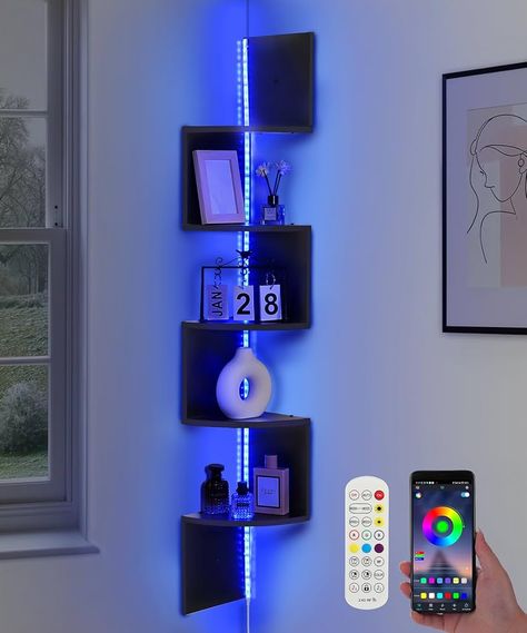 Amazon.com: Outink 5 Tiers Corner Shelf with RGB LED Lights, 49.2" Wall Mount Floating Corner Display Shelf for Living Room Bedroom Home Office Decor, APP & Remote Control (Black) : Home & Kitchen Black Wood Room Decor, Room Decor Men Aesthetic, Modern Male Apartment Decor, Small Room Shelf Ideas, Cool Bedroom Decor Ideas, Guys Wall Decor, Floating Shelf Ideas Bedroom, Cool Thing For Your Room, Cyberpunk Home Decor