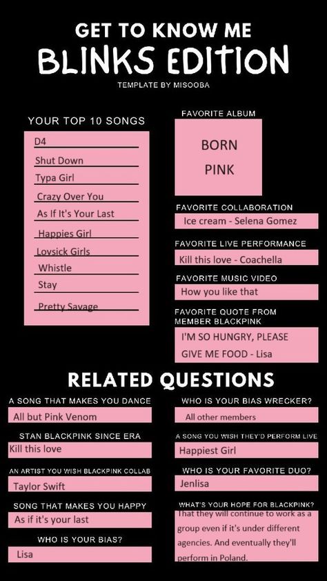 Get To Know Me Kpop Edition, Blackpink Introduction, Blackpink Journal Ideas, Blackpink Poster Aesthetic, Blackpink Diary, Blackpink Journal, Blackpink Wallpaper Aesthetic, Blackpink Drawing, Blackpink Art