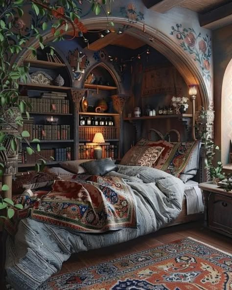 Cozy Dark Bedroom Aesthetic Vintage, Cozy Fantasy Aesthetic, Cozy Witch Aesthetic, Bedroom Back Wall Design, Bedroom Back Wall, Academia Aesthetic Bedroom, Back Wall Design, Witch Bedroom, Aesthetic Cozy Bedroom